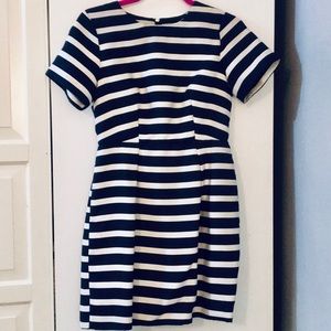 Striped, pleated navy blue nautical mini dress